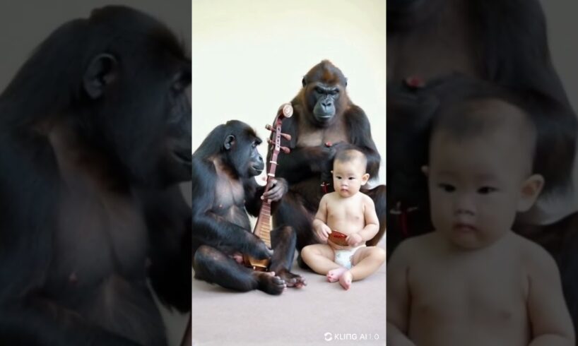 Gorilla and baby play erhu together..#gorillababy #cute #animals #gorilla #baby