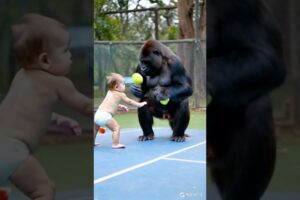 Gorilla and baby play tennis together.#gorillababy #cute #animals #gorilla #baby