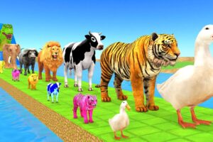 Paint Animals Duck,Tiger,Cow,Lion,Buffalo,Gorilla,Elephant,Dinosaur Fountain Crossing Animal Game!