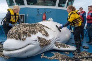 The animal rescue team was there to help a beluga whale remove parasitic barnacles from its body