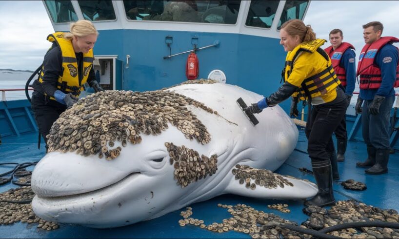 The animal rescue team was there to help a beluga whale remove parasitic barnacles from its body