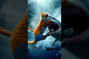 the struggle of cat father vs shark #cat #catlover #feedshorts #shortvideo #cats #ai