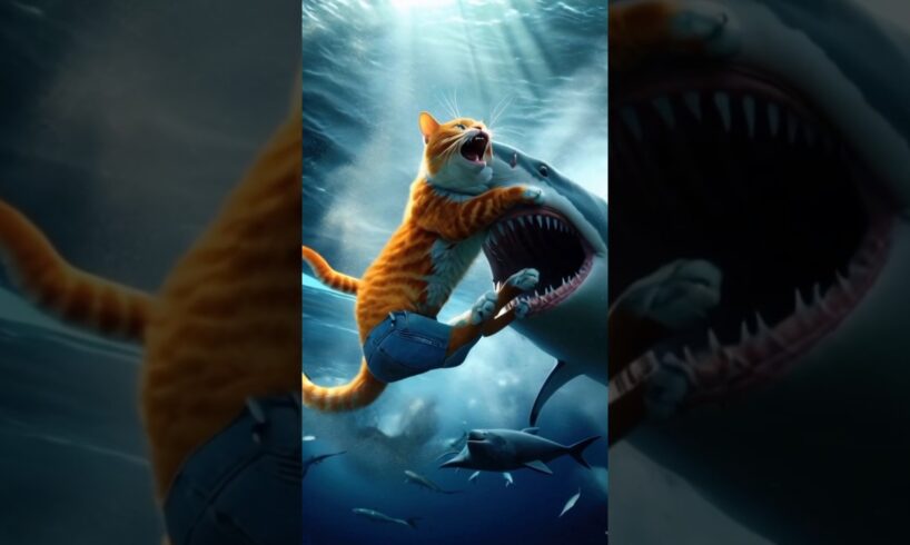 the struggle of cat father vs shark #cat #catlover #feedshorts #shortvideo #cats #ai