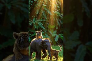 Baby Elephant & Two Tiger Cubs Playing 🐘🐅💖 #babyelephant #tigercubs #shortvideo