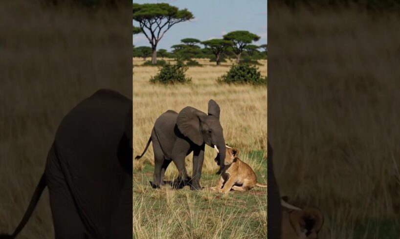 Baby Elephant and baby lion playing #babyelephants #lion #animals