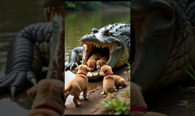 Crocodile save cute puppies