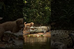 Cute puppy playing outside encounters a huge crocodile 2 #wildlife #crocodileattacks #goat #puppy